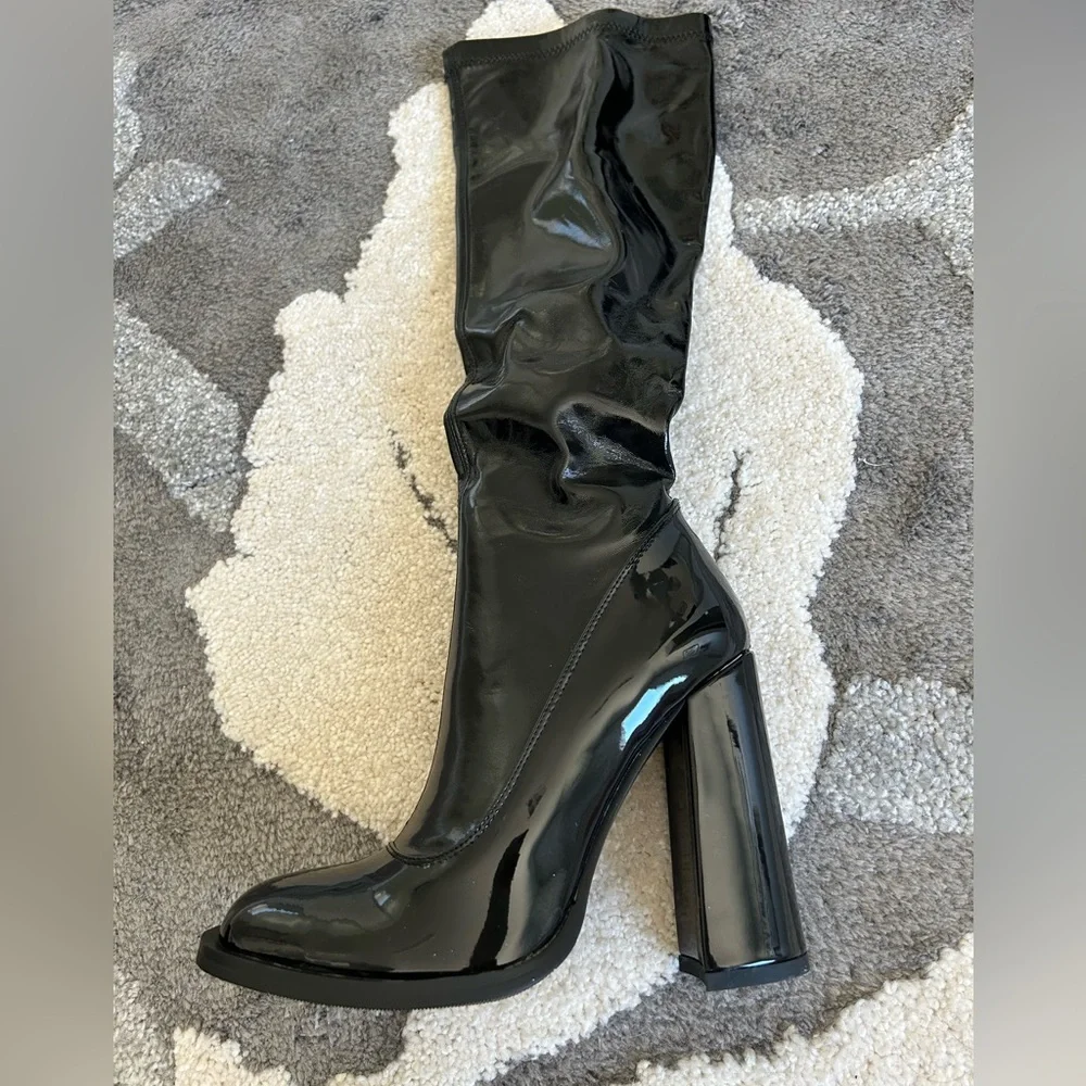 Black Knee High Block Heel Sock Boot - Picture 5 of 15